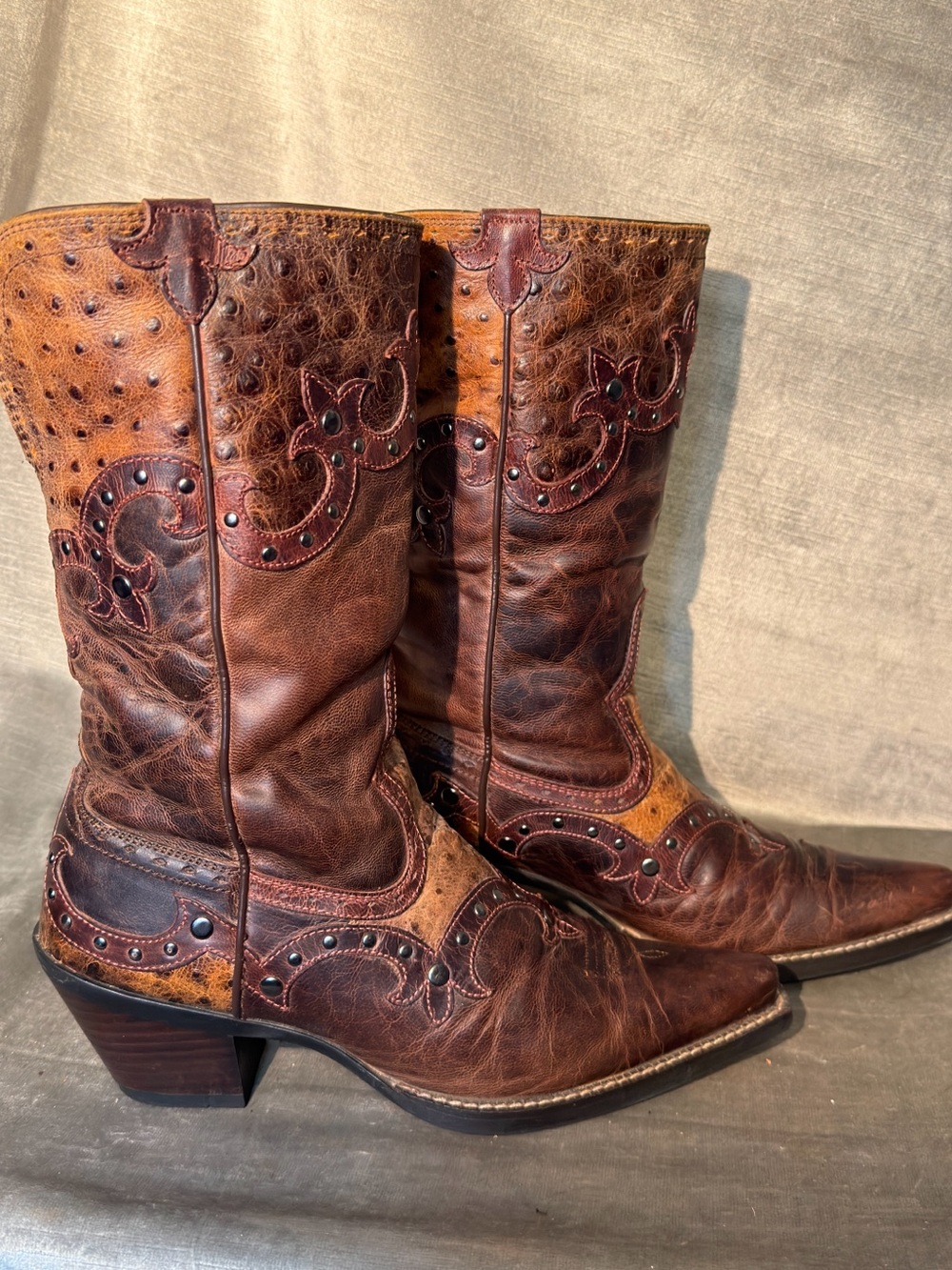 Ariat Rogue Skippy Brown Women's Western Boot w/Studs & Ostrich Print. Size 7.5B